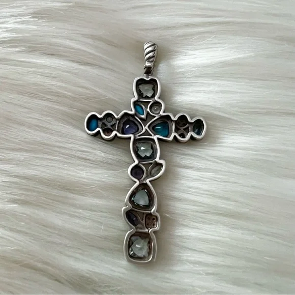 RARE David Yurman confetti diamond topaz turquoise cross pendant - Picture 4 of 11